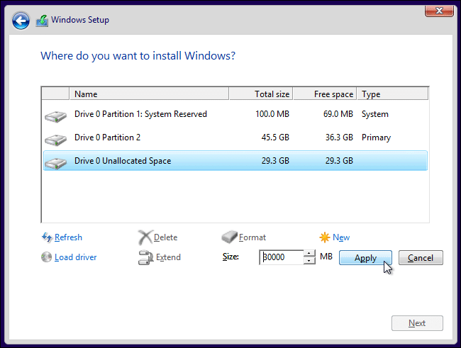 create a new partition for windows 10