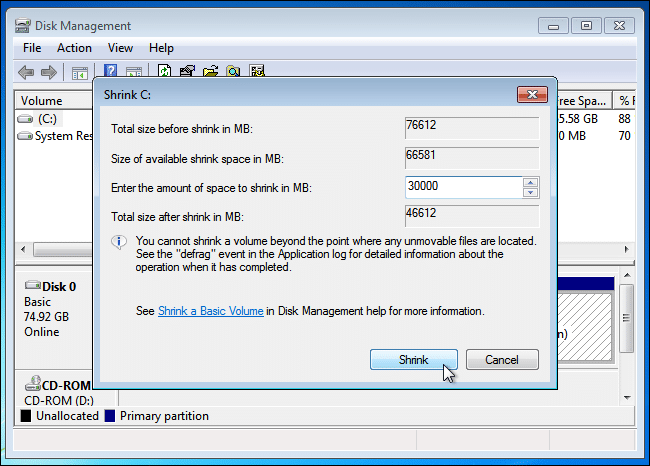 shrink windows 7 partition to free up space for windows 10 dual boot